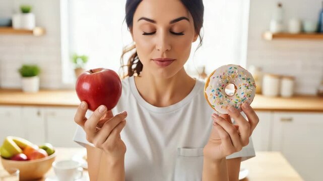 Young woman with thoughtful mood comparing fresh apple and sprinkled donut while making healthy food choice against bright home kitchen background