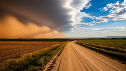 Dirt road through fields under stormy sky clouds grass
