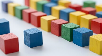 Colorful wooden blocks arranged in rows on a white background creating a playful pattern