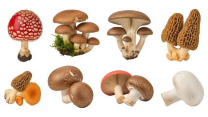 Collection of various edible and poisonous mushrooms, showcasing diverse shapes and colors.