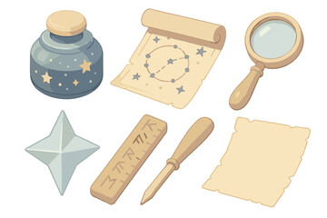 Stellar Research Artifacts. Isometric vector illustration set of Stellar Research Artifacts: celestial inkwell, hand-drawn chart,