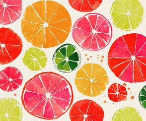 Colorful display of citrus fruit slices arranged in a bright pattern on a light background showcasing vibrant shades of orange and pink