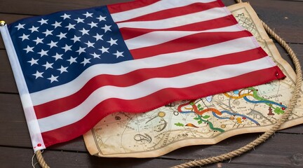American flag lies on top of an antique map with a rope on a dark wooden surface