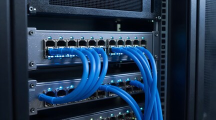 Blue ethernet cables connected to the switch ports inside of a server cabinet