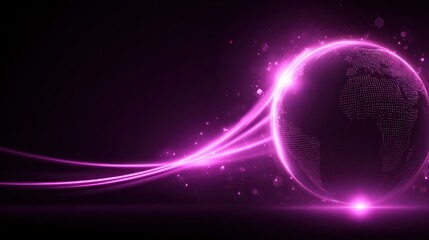 Digital representation of the planet earth glows with intense magenta light trails across a dark background