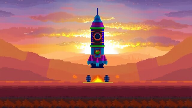 Colorful pixel art rocket launching into the sky at sunset. Represents adventure, exploration, and the excitement of space travel