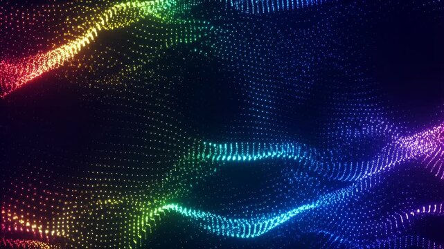 Colorful abstract wave patterns with glowing dots on a dark background. Represents digital art, technology, and modern design aesthetics