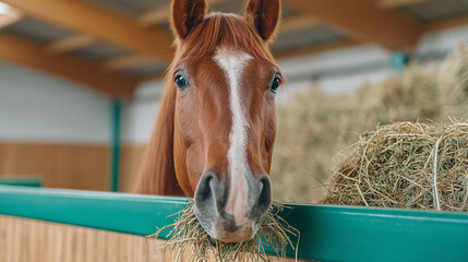 Close up of brown horse eating hay in stable. Equine portrait in barn during feeding time. Animal care and equestrian lifestyle