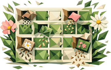Eco Advent Calendar. Low-poly vector illustration focused on an eco-friendly advent calendar featuring wildflower seeds in each
