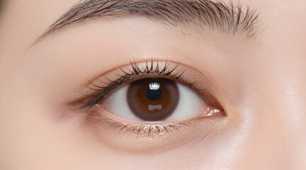 Detailed close-up of a human eye with brown iris and defined eyebrow