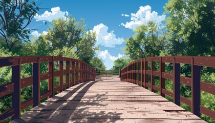 Fototapeta premium Discover serenity on a wooden bridge in a lush forest surrounded by vibrant greenery and colorful flowers under a clear blue sky
