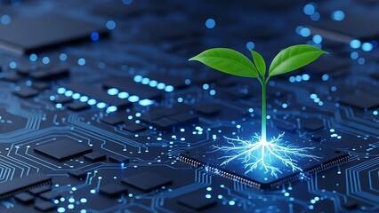 Green plant sprout growing on circuit board with glowing blue roots microchip glowing roots