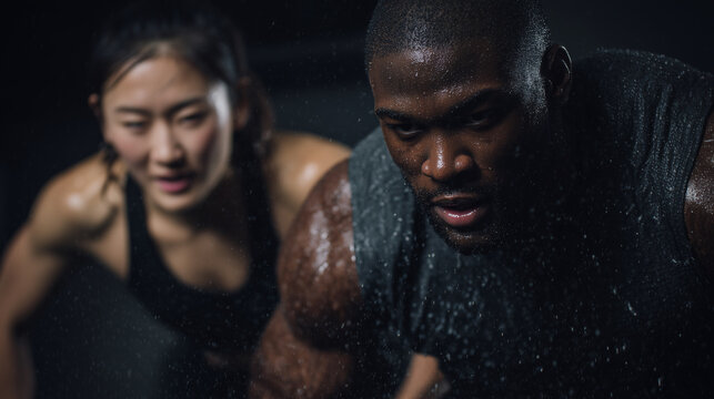 Japanese personal trainer coaching a Black male client through sled drag conditioning in a functional fitness gym. Asian personal trainer coaching afro american sporter. Healthy lifestyle, training fo