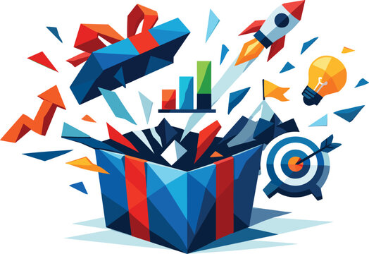 Exploding Plans Box. Low-poly vector illustration focused on a conceptual present box exploding with joint plans for the coming