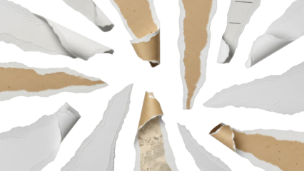 Close-up shot of torn paper pieces arranged in a circular pattern against a white background.