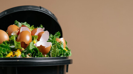 Organic food waste in black compost bin. Kitchen scraps like eggshells and vegetables for recycling. Sustainability and zero waste lifestyle with copy space