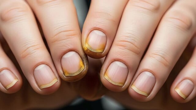 Close-up of human fingernails with unhealthy appearance showing discoloration caused by cigarette smoking against neutral background