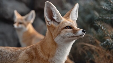 Fototapeta premium Two foxes are standing in a field, one of which is looking at the camera