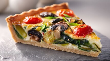 Vegetable tart slice plated alone, light stone surface, calm presentation