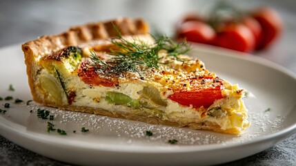 Vegetable tart slice plated alone, light stone surface, calm presentation