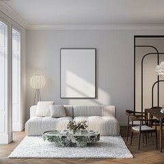 Modern Living Room Poster Frame Mockup with Natural Light and Minimalist Decoration. 3D render.