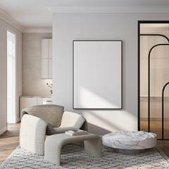 Modern Living Room Poster Frame Mockup with Natural Light and Minimalist Decoration. 3D render.