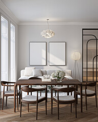 Modern Living Room Poster Frame Mockup with Natural Light and Minimalist Decoration. 3D render.