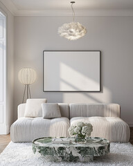 Modern Living Room Poster Frame Mockup with Natural Light and Minimalist Decoration. 3D render.
