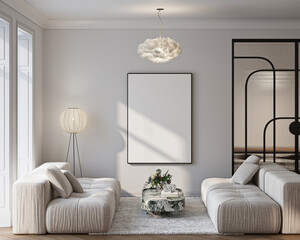 Modern Living Room Poster Frame Mockup with Natural Light and Minimalist Decoration. 3D render.