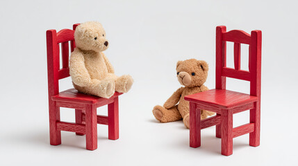 Two teddy bears on red chairs and floor in minimal white background &ndash; toy communication concept