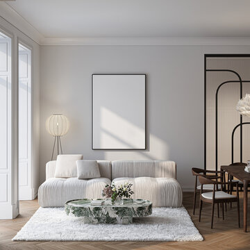 Modern Living Room Poster Frame Mockup with Natural Light and Minimalist Decoration. 3D render.