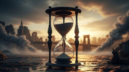 Hourglass on wet sand with cityscape and bridge at sunset