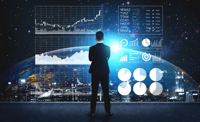 A businessman stands in front of a futuristic interface displaying global financial data, surrounded by a digital space environment. Impute