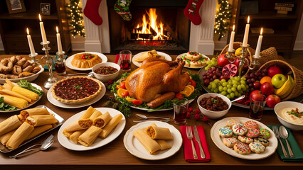 Christmas Holiday Dinner Spread with Roasted Turkey, Tamales, Desserts, and Festive Fireplace Decor