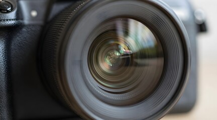 Close up shot of a camera lens showing intricate details and glass reflection