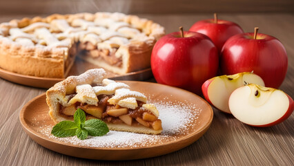 Freshly Baked Apple Pie with Lattice Crust and Mint Garnish &ndash; Classic Dessert with Whole Apples