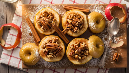 Baked apples stuffed with nuts and cinnamon a warm and comforting dessert perfect for autumn or winter meals presented on a wooden board