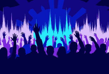 Vibrant Nightlife: Silhouetted Crowd Dancing to Dynamic Music Waves in Colorful, Energetic Atmosphere at a Thrilling Live Concert or Festival Event