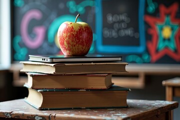A digital tablet resting on a stack of old books on a dusty wooden desk in front of a blackboard adorned with street art graffiti.