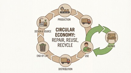 An infographic illustrating the circular economy stages like production, use, and repair. A sustainable concept for business presentations promoting recycling and waste reduction.
