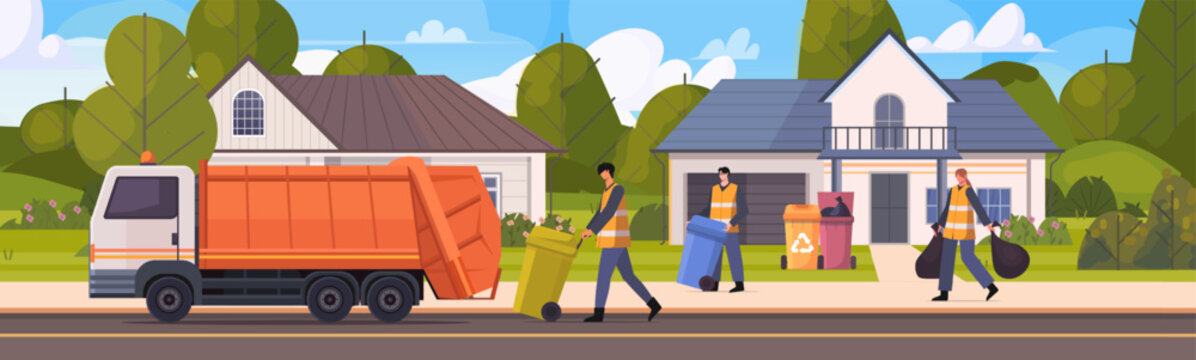 Worker of cleaning company dressed in orange a reflective safety vest with a green garbage bin. Janitors are cleaning the streets in a residential area. Vector Not AI generated
