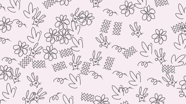 Whimsical pattern with rabbits, flowers, leaves, and abstract lines is perfect for easter designs, childrens products, and naturethemed projects.