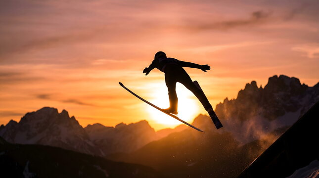 Silhouette of ski jumper flying high over snowy mountain peaks at sunset. Winter extreme sport and freedom concept.