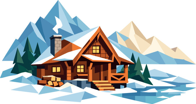 Cozy Mountain Cabin. Low-poly vector illustration focused on a cozy mountain cabin, polygonal geometric style with sharp