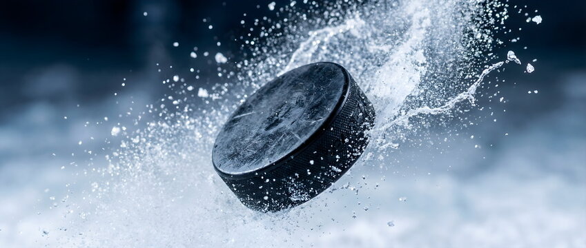 Black ice hockey puck hitting water with big splash and drops. Freeze motion winter sport action close up