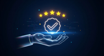 A hand holding a glowing shield with a checkmark, perfect for security verification goals and approved safety concepts