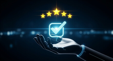 A professional holding a glowing checkbox icon with stars, perfect for task completion banners and successful choice plans