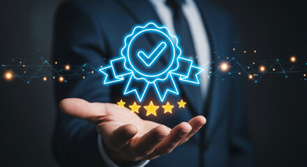 Hands presenting a blue certified badge with stars, perfect for warranty banners, approval concepts, and premium quality plans