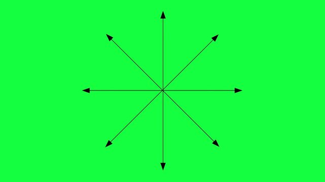 black direction thin arrows growing from a centre point and spreading in eight (8) different directions similar to the main points of a compass 4K animation isolated on a green screen background