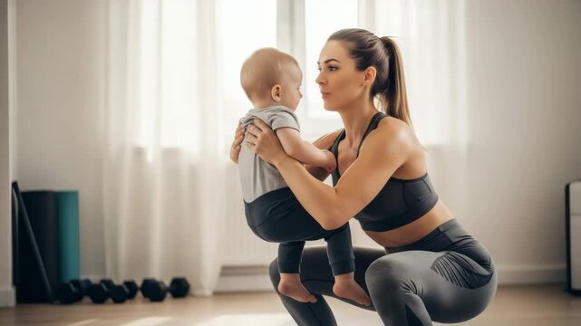 Fit mother with focused mood doing squat exercise while holding baby against bright home workout background